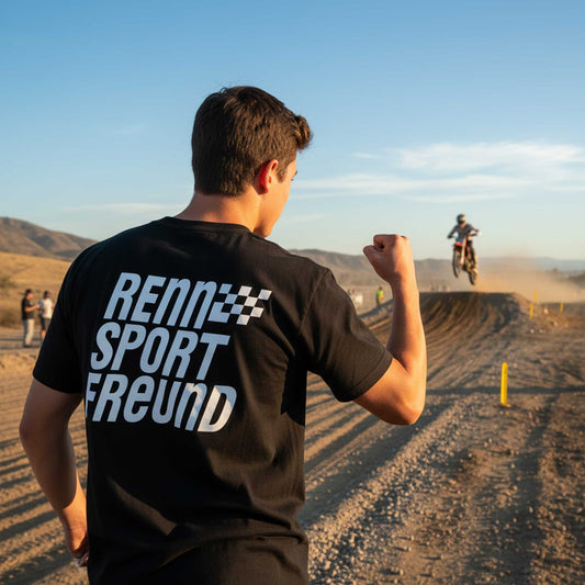 ein junger mann steht an einer motocross strecke und trägt ein schwarzes T-Shirt mit dem rückendruck RENNSPORTFREUND