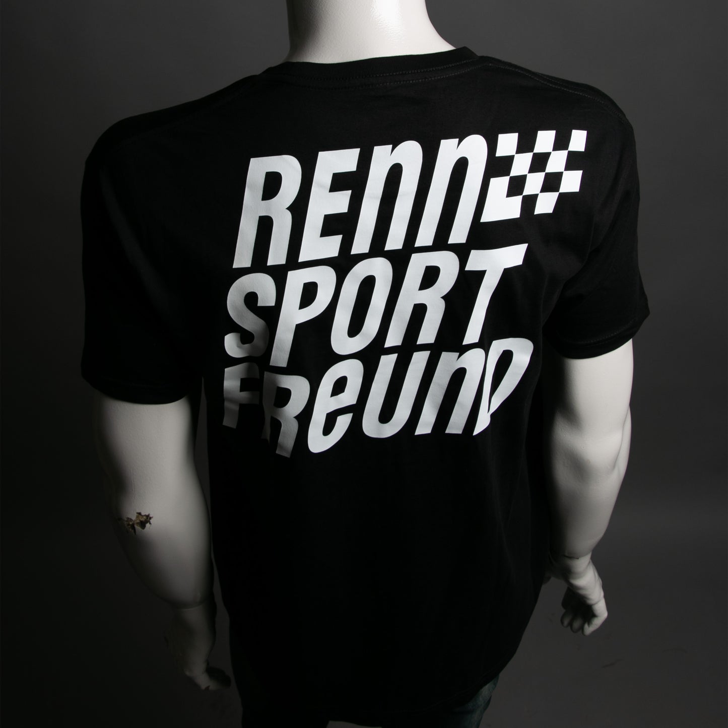 schwarzer T-Shirt mit einem druck auf dem rücken in weiss der marke RENNSPORTFREUND 