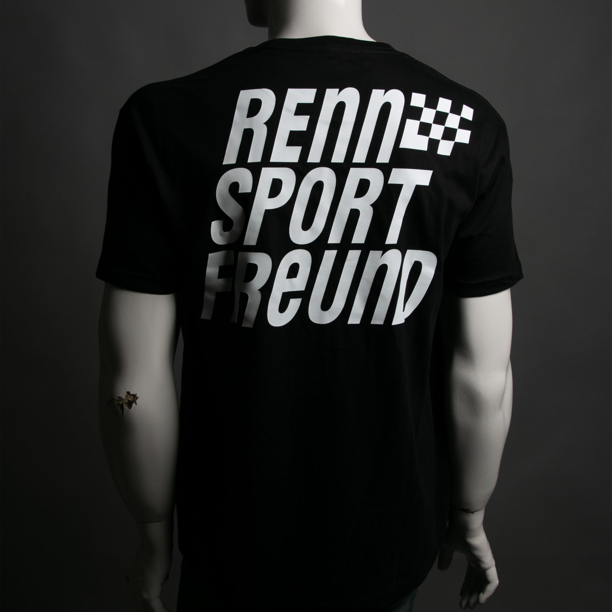 schwarzer T-Shirt mit einem druck auf dem rücken in weiss der marke RENNSPORTFREUND 